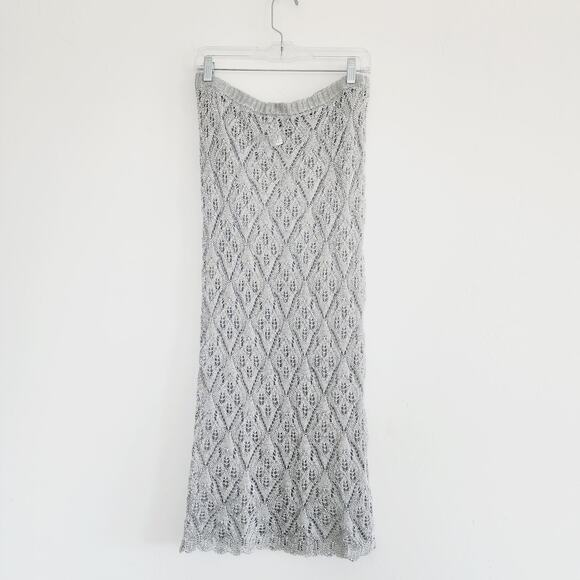 Zara Metallic Silver Open Knit Embroidered Mesh Skirt Midi / Maxi Size Large - Picture 3 of 9